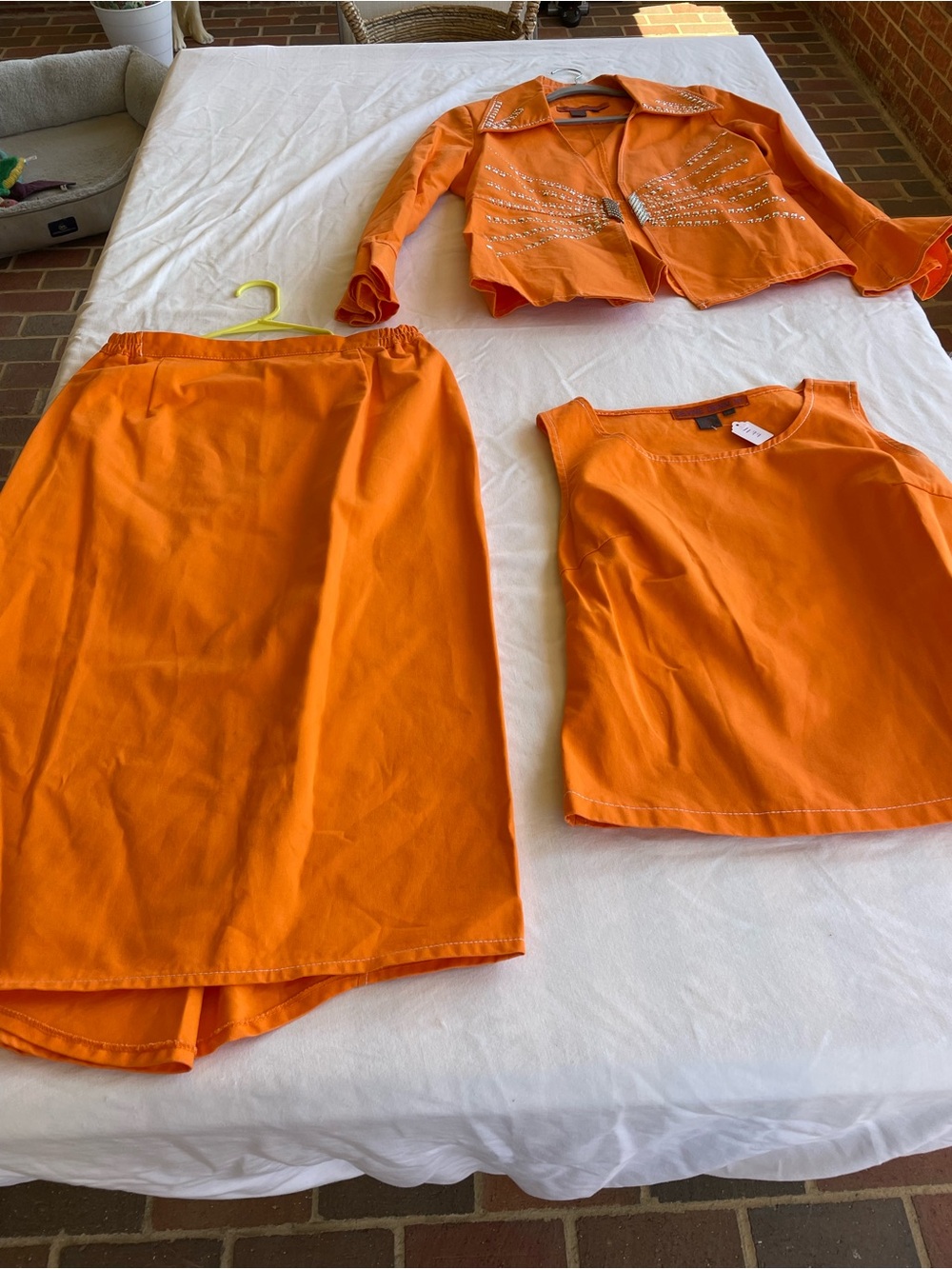 Devine Denim NY 3Pc Orange Studded Jacket Tank Skirt Suit Set Women’s Size 12